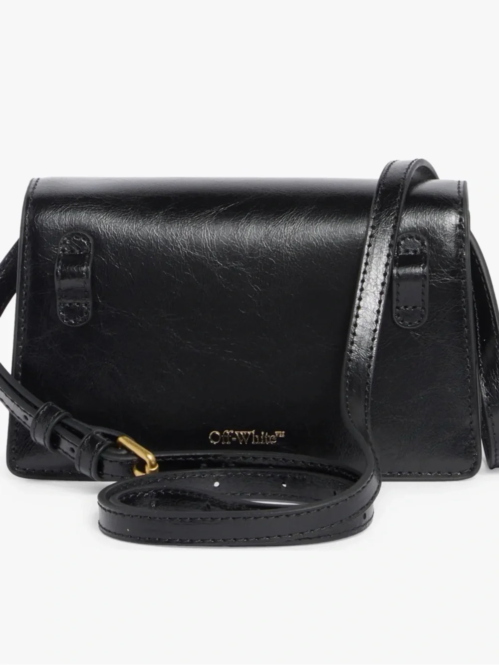 Off-White Black Leather Crossbody with Gold Arrow Emblem